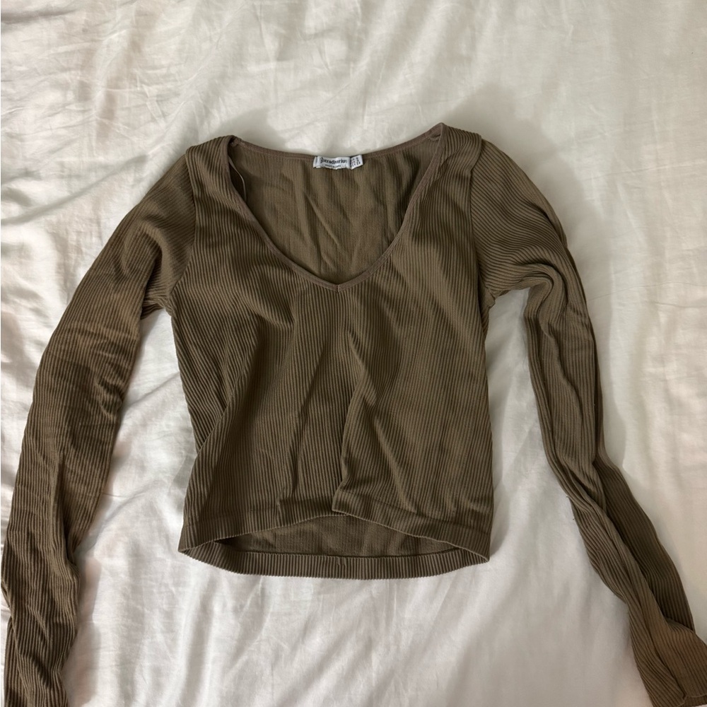 stradivarius Olive Ribbed V-Neck Long Sleeve brown stretchy  Top